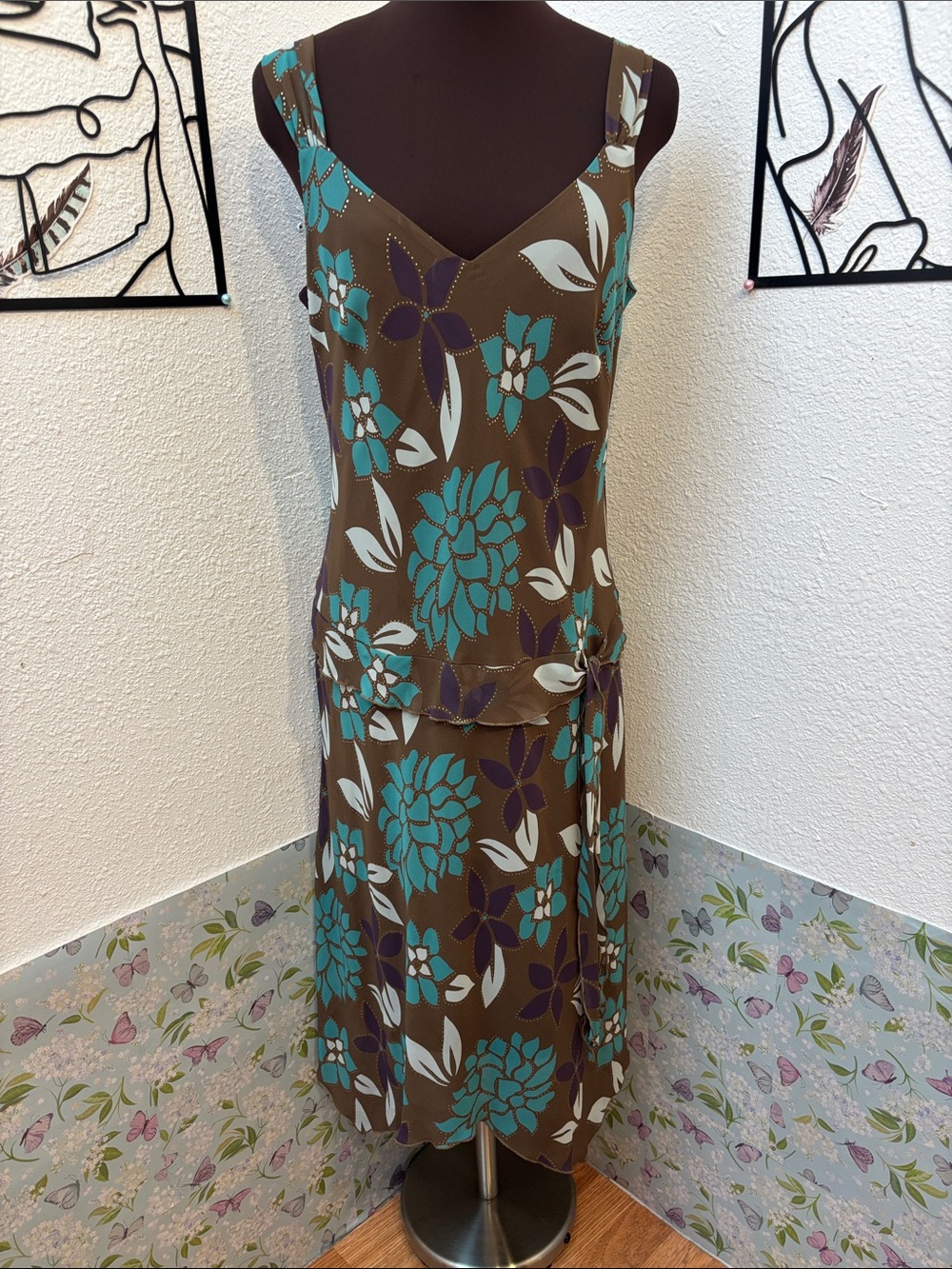 Vintage Y2K Women’s Brown Floral Asymmetrical Dress with Teal Accents